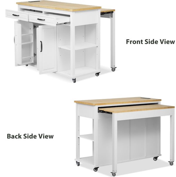English Elm K&K 47 Inch Kitchen Island with Extendable Dining Table, Rolling Storage Cabinet, Built-In Power White N707P215327W