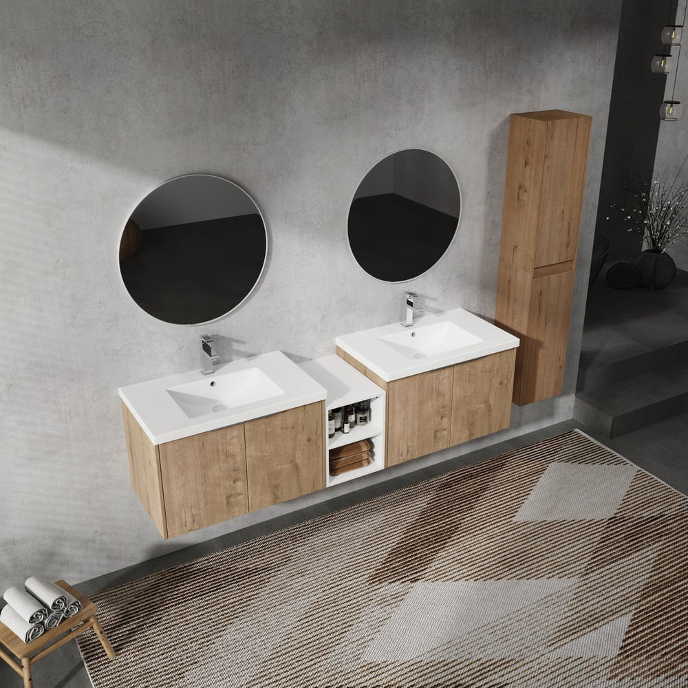English Elm 72" Modern Wall-Mounted Bathroom Vanity Set With Soft-Close Doors, Resin Sinks & Extra Storage Space W999S00232