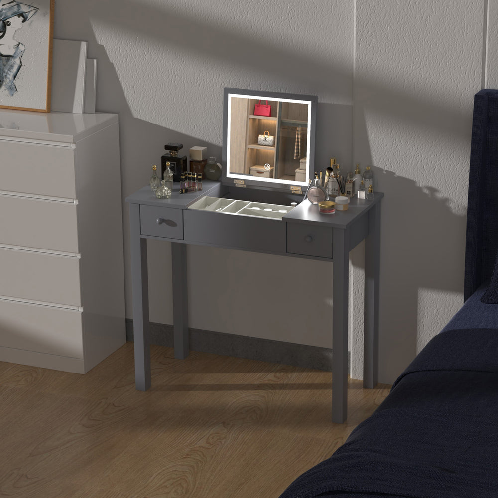 English Elm Multifunctional Vanity Desk with Flip-Top Mirror, 3-Level LED Lighting, Ample Storage for Small Spaces Grey W760P152317