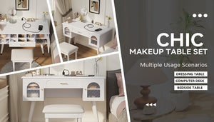 English Elm Elegant Vanity Makeup Table with Charging Station & Carved Glass Door, Sturdy Stool Included White N844P285188A