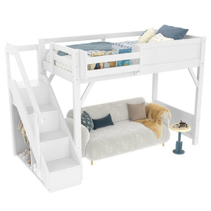 English Elm Twin Low Loft Bed Solid Pine Frame Kids Study Desk Blackboard Storage White Light White W1580S00466