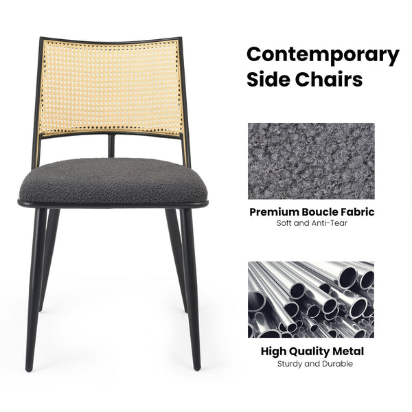 English Elm Dining Chairs Mid-Century Modern Rattan Backrest Bouclé Upholstered Metal Frame Comfortable Design DARK GREY T3623P379930