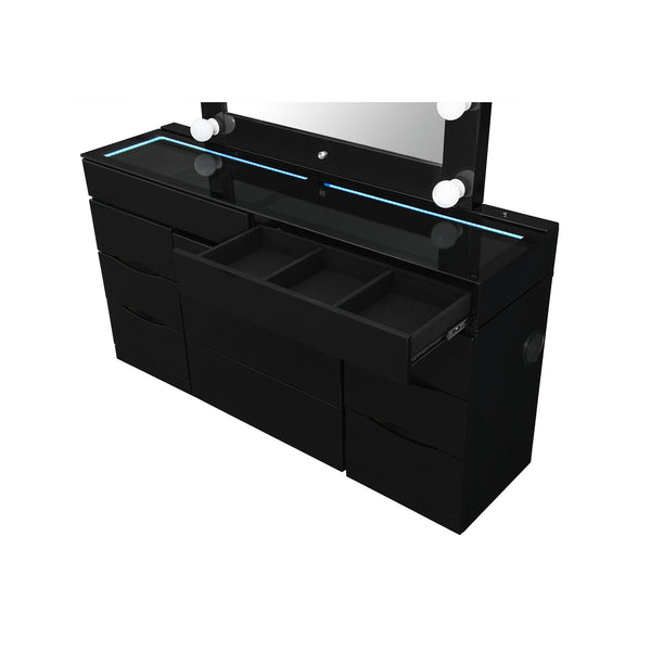 English Elm ELISA LED Vanity Set with Stool, Solid Wood & Glass Top, Built-In Speakers and Spacious Storage Black 30.75 L x 19.69 W x 28.86 H B201S00355