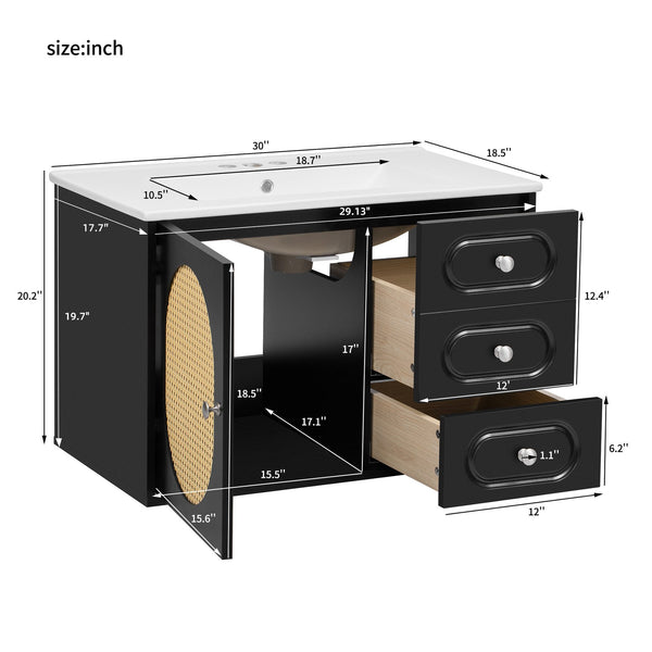 English Elm 30" Mid-Century Bathroom Vanity with Ceramic Sink, Rattan Accent, 2 Soft-Close Drawers, Large Storage Space N710P265954B