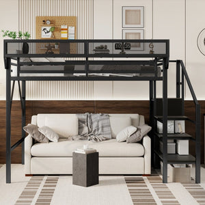 English Elm Twin Xl Loft Bed With Stairs & Storage Shelves, Metal High Bed For Teens & Small Spaces, Black W2580S00049-GIGA