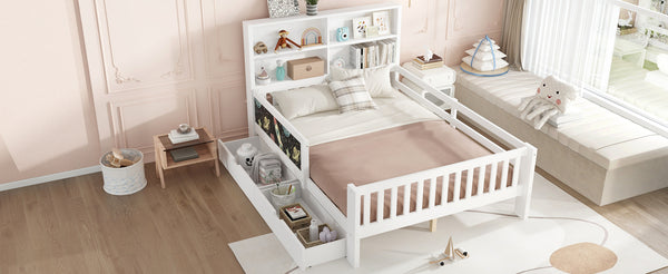 English Elm Full Solid Wood Platform Bed with Chalkboard Headboard, Storage Drawers & Shelves, Kid-Friendly White Off White W1580P362707