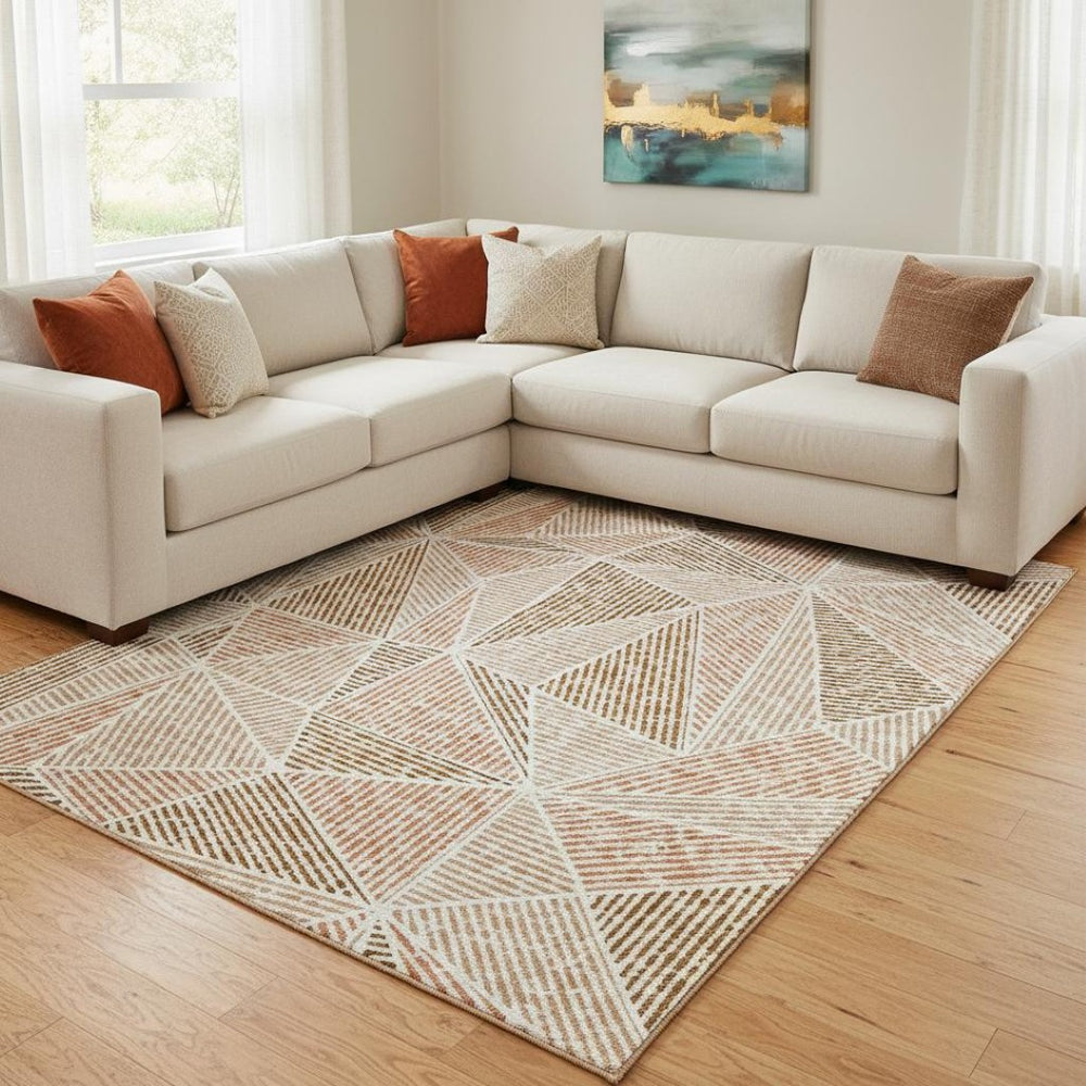 HomeRoots 9' X 12' Stylish Terra Cotta and Beige Geometric Washable Area Rug with UV Protection for Homes 652000
