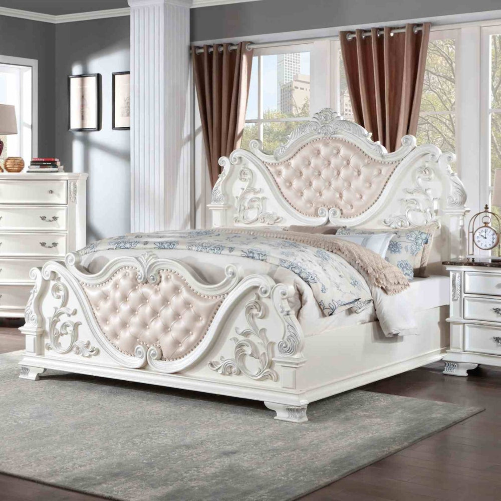 English Elm Luxurious Eastern King Bed Brown Cherry Baroque Tufted Leatherette Carved Wood Frame B2741S00810
