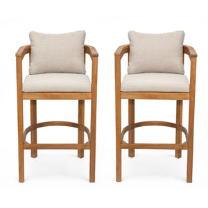 English Elm Christopher Knight Home® - Abaco Acacia Outdoor Barstool Set of 2 with Removable Gray Cushions, Rustic Curved Back Support Teak+ Beige N775P294071T