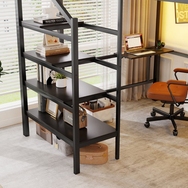 English Elm Queen Metal Loft Bed with Staircase Storage Foldable Desk and Built-in Charging W2580S00073