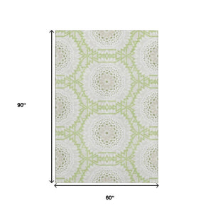 HomeRoots 5' X 8' Artichoke Green Geometric Area Rug - Stylish, Washable, UV-Protected for High-Traffic Spaces 652181