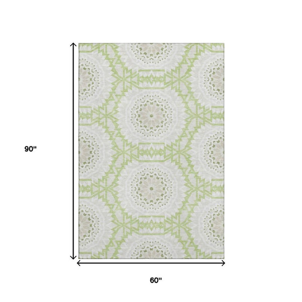 HomeRoots 5' X 8' Artichoke Green Geometric Area Rug - Stylish, Washable, UV-Protected for High-Traffic Spaces 652181