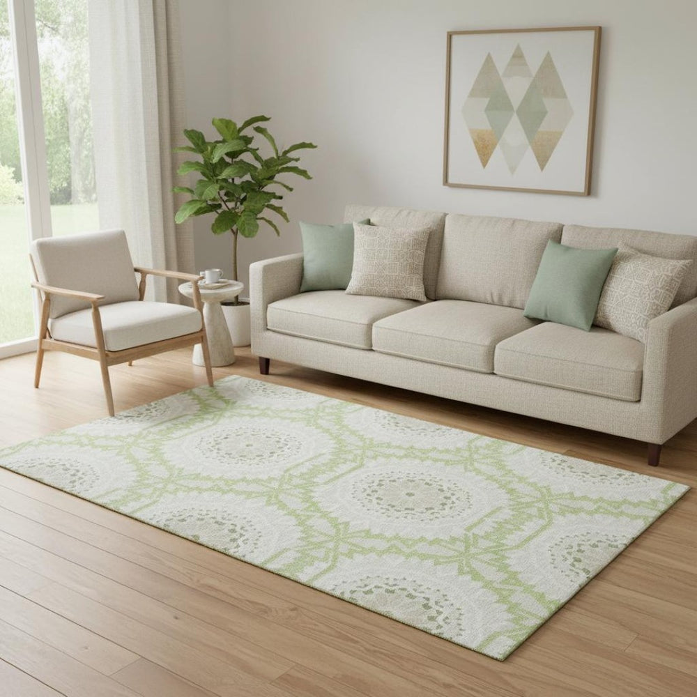 HomeRoots 5' X 8' Artichoke Green Geometric Area Rug - Stylish, Washable, UV-Protected for High-Traffic Spaces 652181