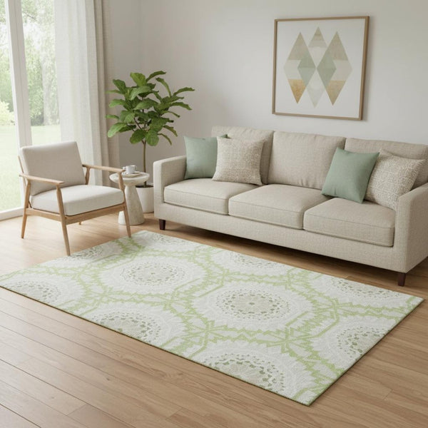 HomeRoots 5' X 8' Artichoke Green Geometric Area Rug - Stylish, Washable, UV-Protected for High-Traffic Spaces 652181
