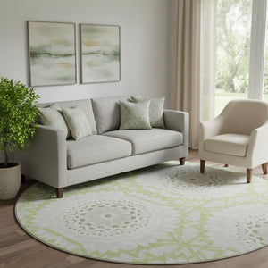 HomeRoots 8' Artichoke Green & Ivory Geometric Round Rug - Washable, UV-Resistant, Ideal for High-Traffic Areas 652182