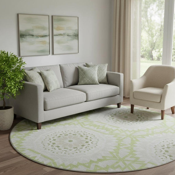 HomeRoots 8' Artichoke Green & Ivory Geometric Round Rug - Washable, UV-Resistant, Ideal for High-Traffic Areas 652182