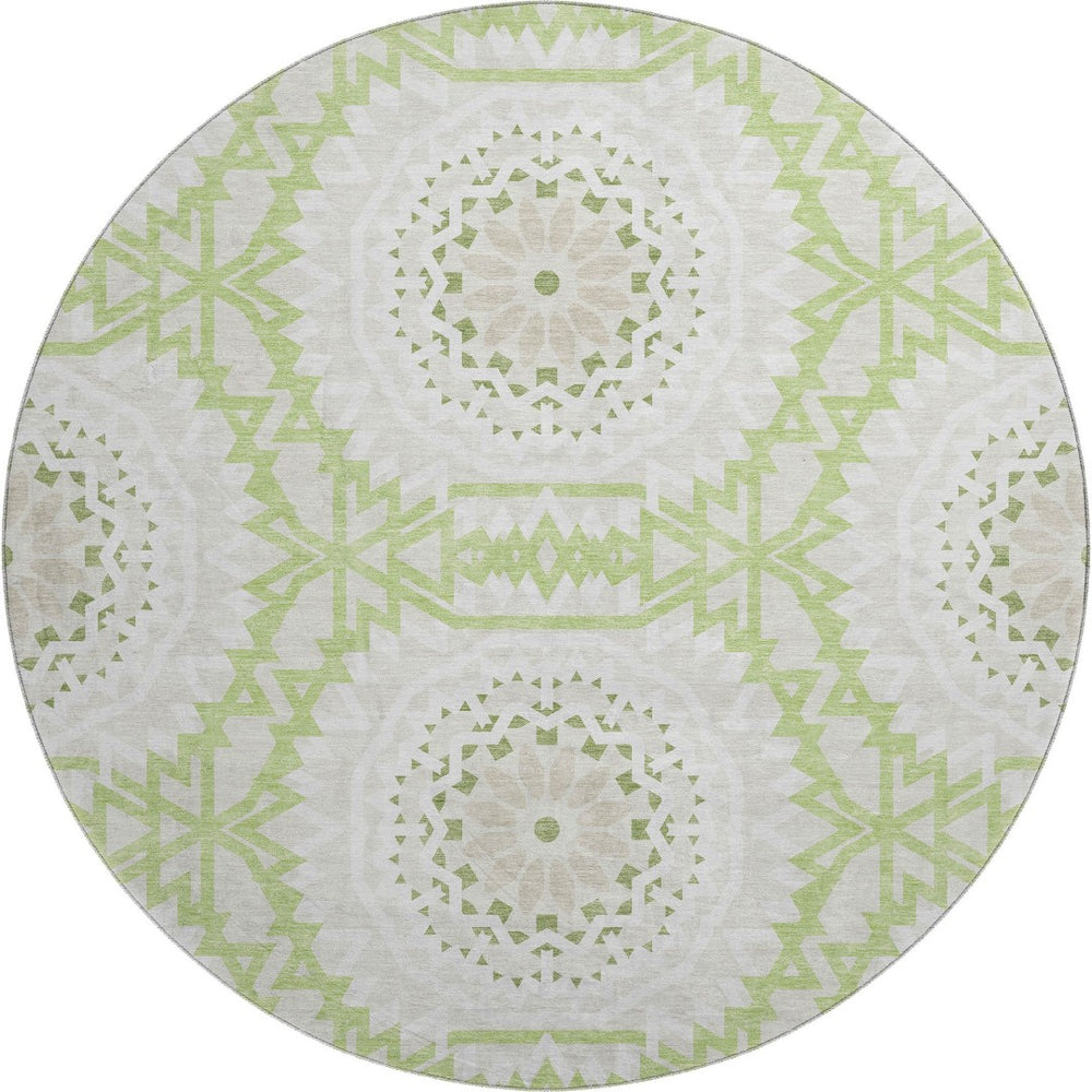 HomeRoots 8' Artichoke Green & Ivory Geometric Round Rug - Washable, UV-Resistant, Ideal for High-Traffic Areas 652182