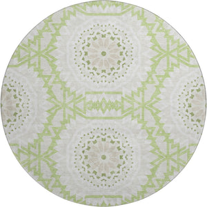 HomeRoots 8' Artichoke Green & Ivory Geometric Round Rug - Washable, UV-Resistant, Ideal for High-Traffic Areas 652182