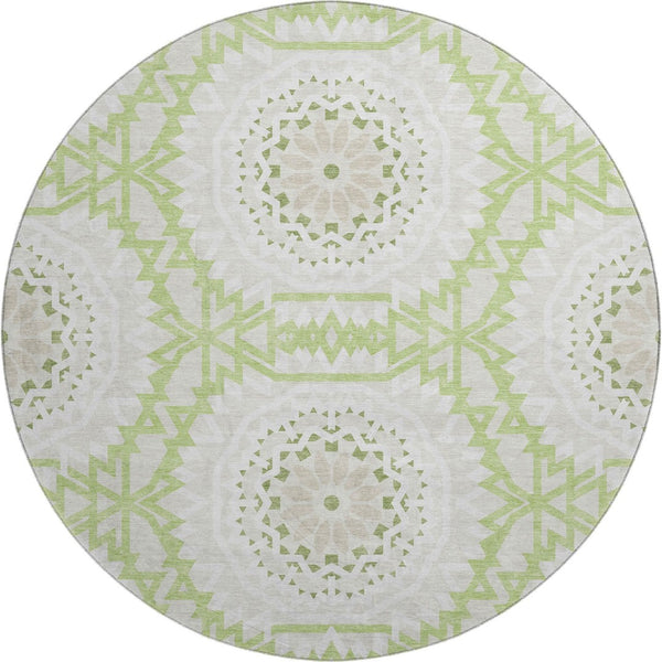 HomeRoots 8' Artichoke Green & Ivory Geometric Round Rug - Washable, UV-Resistant, Ideal for High-Traffic Areas 652182