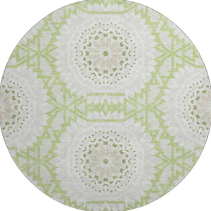HomeRoots 8' Artichoke Green & Ivory Geometric Round Rug - Washable, UV-Resistant, Ideal for High-Traffic Areas 652182