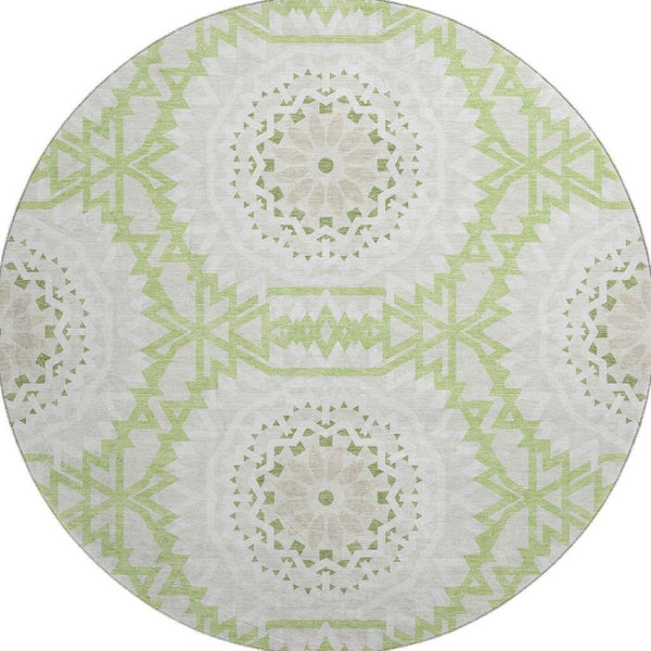 HomeRoots 8' Artichoke Green & Ivory Geometric Round Rug - Washable, UV-Resistant, Ideal for High-Traffic Areas 652182