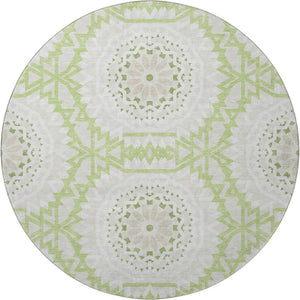 HomeRoots 8' Artichoke Green & Ivory Geometric Round Rug - Washable, UV-Resistant, Ideal for High-Traffic Areas 652182