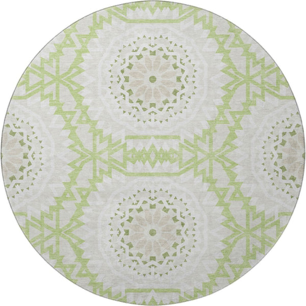 HomeRoots 8' Artichoke Green & Ivory Geometric Round Rug - Washable, UV-Resistant, Ideal for High-Traffic Areas 652182
