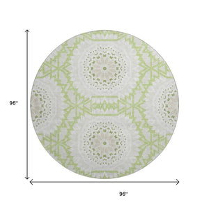 HomeRoots 8' Artichoke Green & Ivory Geometric Round Rug - Washable, UV-Resistant, Ideal for High-Traffic Areas 652182