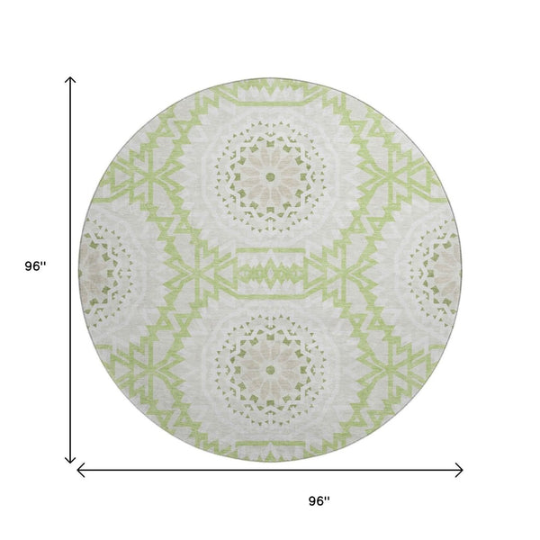 HomeRoots 8' Artichoke Green & Ivory Geometric Round Rug - Washable, UV-Resistant, Ideal for High-Traffic Areas 652182