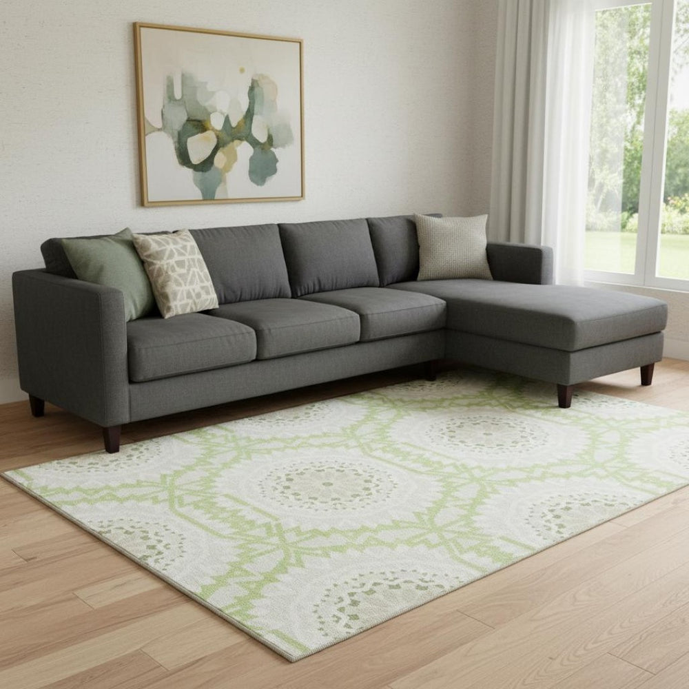 HomeRoots 8' X 10' Artichoke Green & Ivory Geometric Washable Area Rug - Durable, UV-Protected, Stylish Design 652183