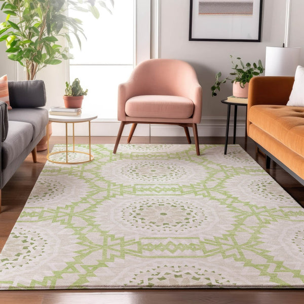 HomeRoots 8' X 10' Artichoke Green & Ivory Geometric Washable Area Rug - Durable, UV-Protected, Stylish Design 652183