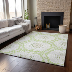 HomeRoots 8' X 10' Artichoke Green & Ivory Geometric Washable Area Rug - Durable, UV-Protected, Stylish Design 652183
