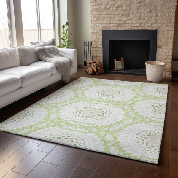 HomeRoots 8' X 10' Artichoke Green & Ivory Geometric Washable Area Rug - Durable, UV-Protected, Stylish Design 652183