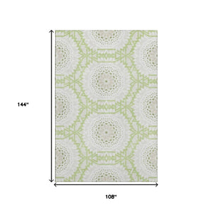 HomeRoots 9' X 12' Artichoke Green and Ivory Geometric Area Rug – Washable, UV-Protected, Durable for Homes 652184