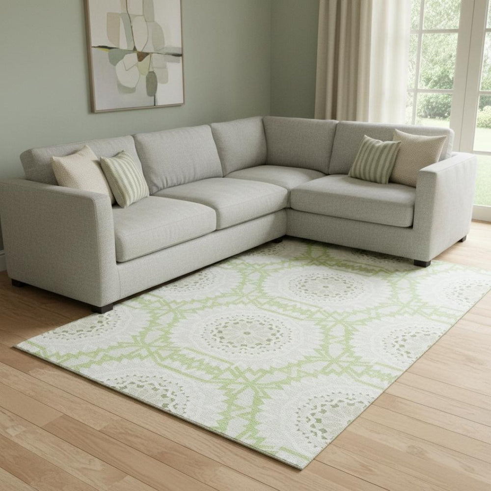 HomeRoots 9' X 12' Artichoke Green and Ivory Geometric Area Rug – Washable, UV-Protected, Durable for Homes 652184