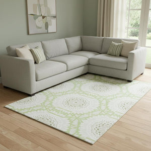 HomeRoots 9' X 12' Artichoke Green and Ivory Geometric Area Rug – Washable, UV-Protected, Durable for Homes 652184