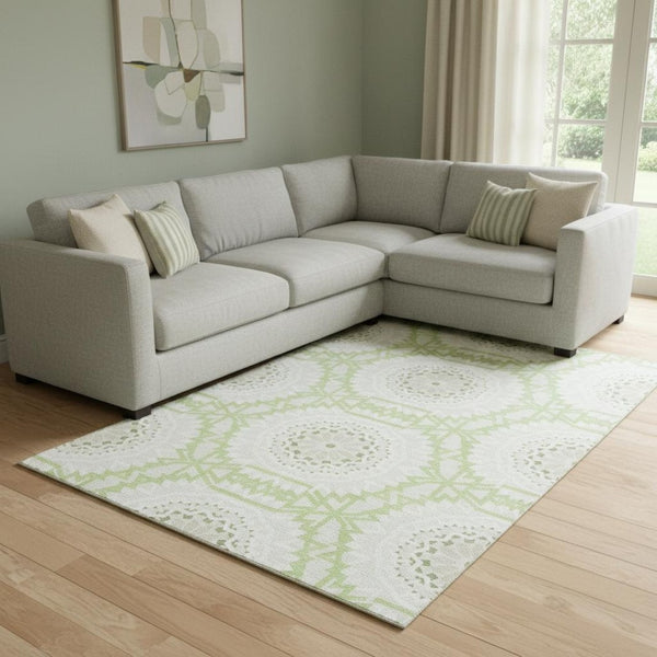 HomeRoots 9' X 12' Artichoke Green and Ivory Geometric Area Rug – Washable, UV-Protected, Durable for Homes 652184