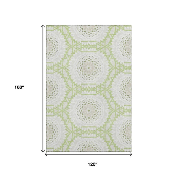 HomeRoots 10' Artichoke Green & Ivory Geometric Washable Area Rug - UV Protected, Stain-Resistant, Durable Design 652185