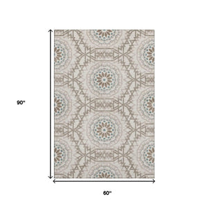 HomeRoots 5' Stylish Geometric Beige Teal Brown Area Rug - Washable, Stain Resistant, UV Protected & Durable! 652187