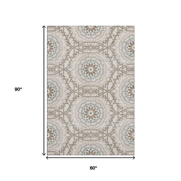 HomeRoots 5' Stylish Geometric Beige Teal Brown Area Rug - Washable, Stain Resistant, UV Protected & Durable! 652187