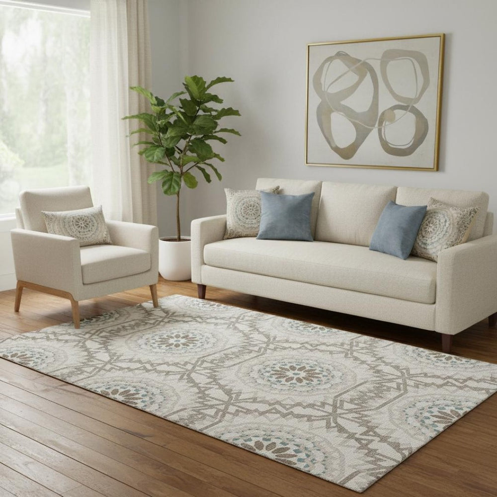 HomeRoots 5' Stylish Geometric Beige Teal Brown Area Rug - Washable, Stain Resistant, UV Protected & Durable! 652187