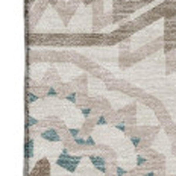 HomeRoots 5' Stylish Geometric Beige Teal Brown Area Rug - Washable, Stain Resistant, UV Protected & Durable! 652187