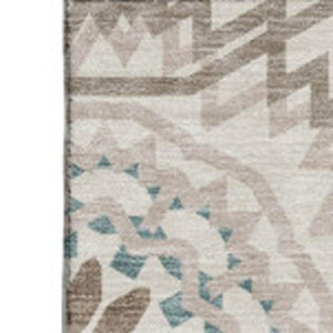 HomeRoots 5' Stylish Geometric Beige Teal Brown Area Rug - Washable, Stain Resistant, UV Protected & Durable! 652187