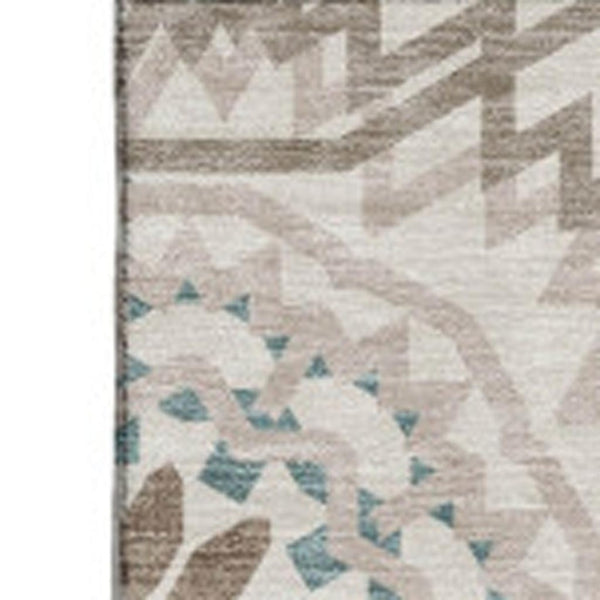 HomeRoots 5' Stylish Geometric Beige Teal Brown Area Rug - Washable, Stain Resistant, UV Protected & Durable! 652187