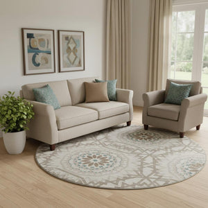 HomeRoots 8' Washable Round Rug in Beige, Teal & Brown - Durable, Stain Resistant, UV Protected for High-Traffic Areas 652188