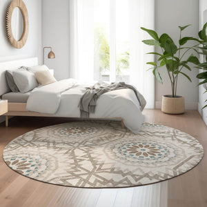 HomeRoots 8' Washable Round Rug in Beige, Teal & Brown - Durable, Stain Resistant, UV Protected for High-Traffic Areas 652188