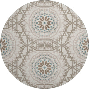 HomeRoots 8' Washable Round Rug in Beige, Teal & Brown - Durable, Stain Resistant, UV Protected for High-Traffic Areas 652188
