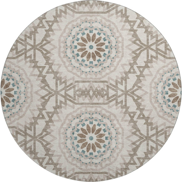 HomeRoots 8' Washable Round Rug in Beige, Teal & Brown - Durable, Stain Resistant, UV Protected for High-Traffic Areas 652188