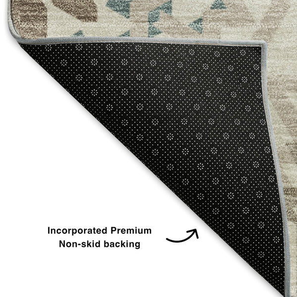 HomeRoots 8' Washable Round Rug in Beige, Teal & Brown - Durable, Stain Resistant, UV Protected for High-Traffic Areas 652188