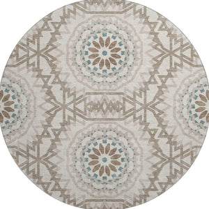HomeRoots 8' Washable Round Rug in Beige, Teal & Brown - Durable, Stain Resistant, UV Protected for High-Traffic Areas 652188